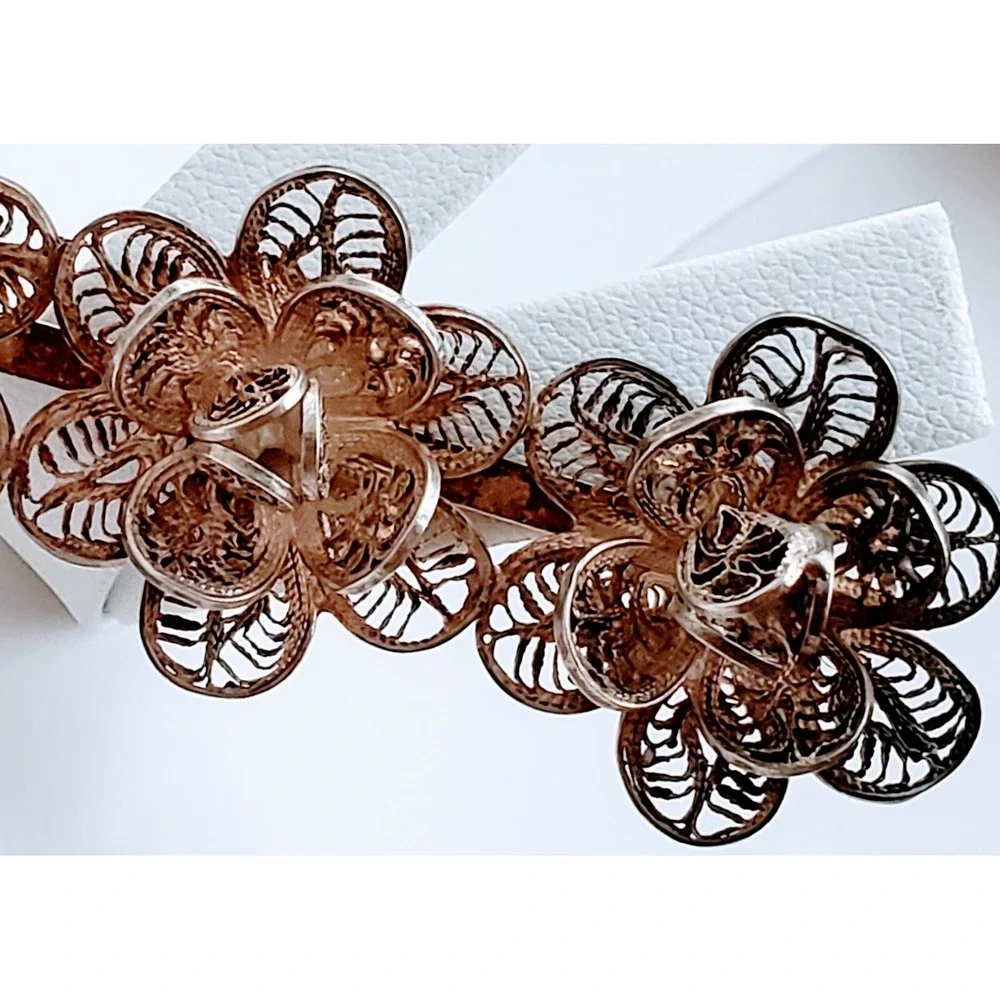 Vintage Sterling Silver Mexico Trio Filigree Design Rosebud Brooch Pin
